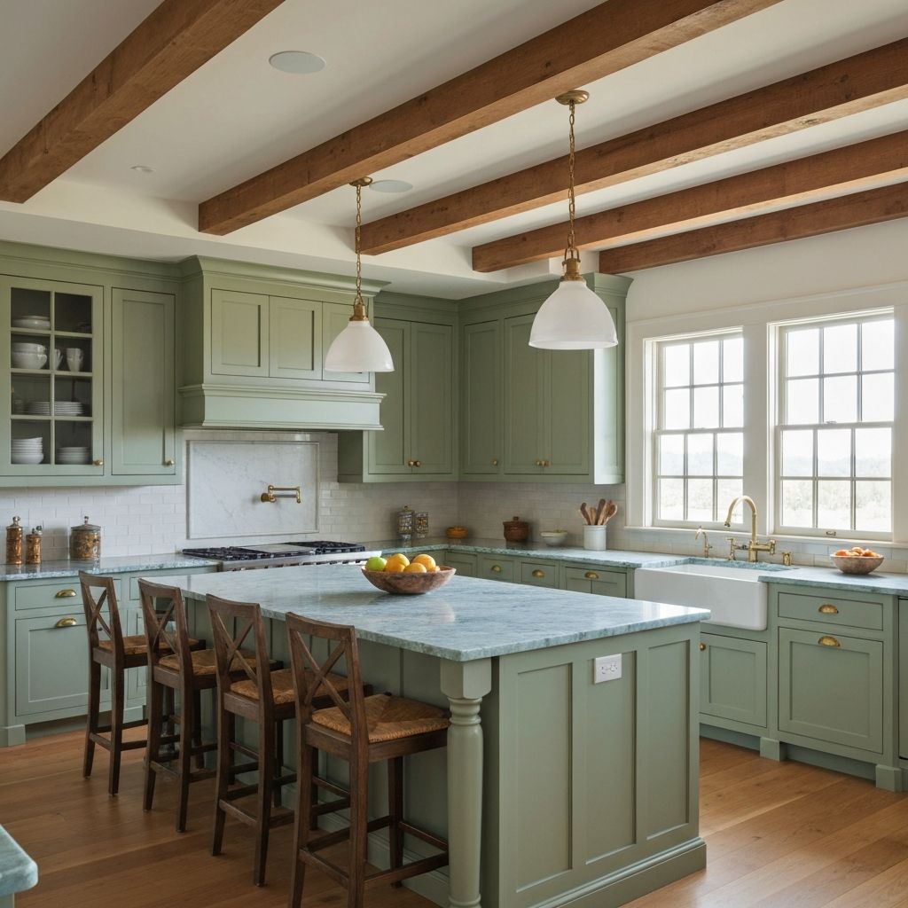 Bespoke Modern Farmhouse Kitchen in Lakeville with sage green cabinetry and brass fixtures